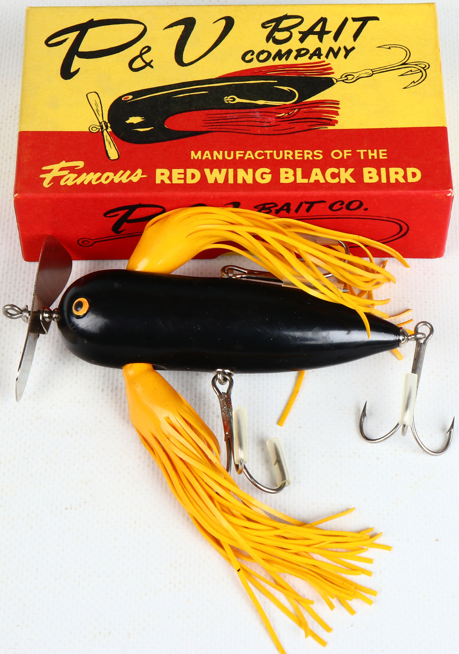 Item # 7368 (Ended 2024-03-01 22:05:02) - P&V Bait Co. Red Wing Black Bird,  Joliet, IL, black lure with y